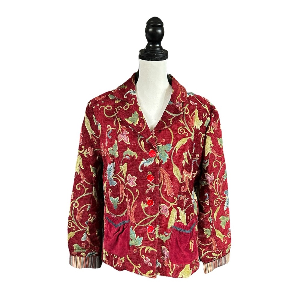 VTG April Cornell Red Floral Tapestry Jacket 90s Cottagecore Boho Artsy Medium